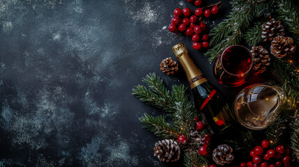 Festive christmas arrangement with champagne and pinecones