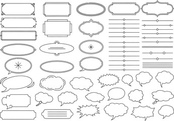 Black Line Art Borders, Speech Bubbles with Transparent Backgrounds Set