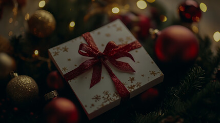 Festive christmas gift wrapped with red ribbon amidst ornaments