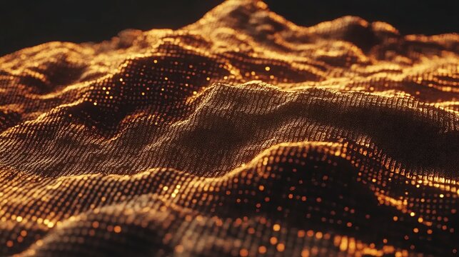 An Abstract Golden Wavefield of Illuminated Dots Creating a 3D Digital Landscape
