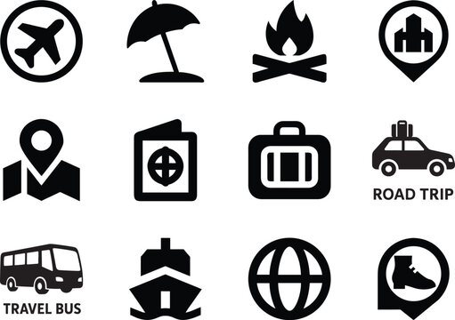 Bold travel icon set in vector silhouette style, ideal for tourism, map, vacation, transport and adventure.