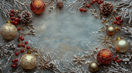 Festive christmas wreath with ornaments and pinecones on a textured background
