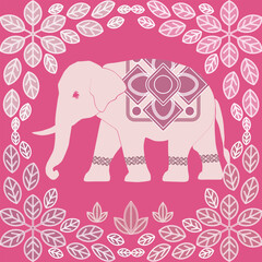 A cute pink elephant surrounded by decorative floral patterns in a vibrant ornamental design.