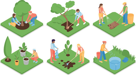 Isometric People Planting Trees and Gardening Activity Vector Set