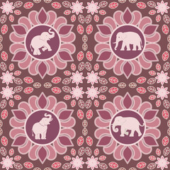 A cute pink elephant surrounded by decorative floral patterns in a vibrant ornamental design.