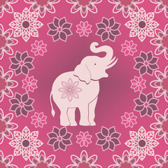 A cute pink elephant surrounded by decorative floral patterns in a vibrant ornamental design.