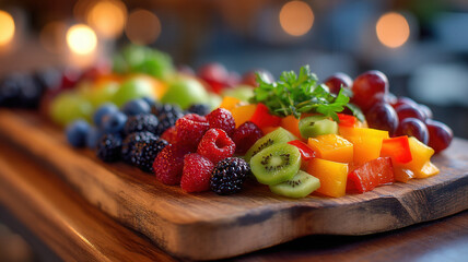 Fresh fruit platter arranged wooden board with kiwi berry grape mango and herb garnish evoking wellness and vibrant healthy