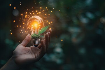 Human hand interacting with futuristic green eco technology data interface.