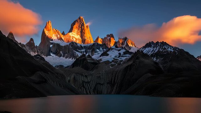 Golden Hour Sunrise Light on Majestic Mountain Peaks and Lake Reflection Landscape