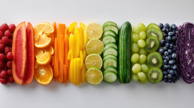Wellness rainbow fruit and vegetable arrangement showing fresh colorful produce slices and whole pieces evoking calm joy