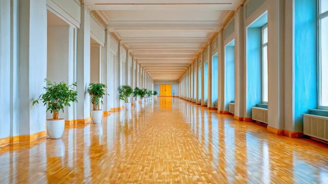 Wide Hallway with Gleaming Wooden Floor Columns Windows and Greenery in White Pots Illuminating a Sense of Depth and Architectural Grandeur