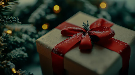 Festive christmas gift box tied with a red ribbon