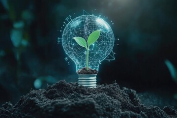 Human hand interacting with futuristic green eco technology data interface.