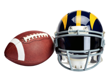 American football and protective helmet on white background