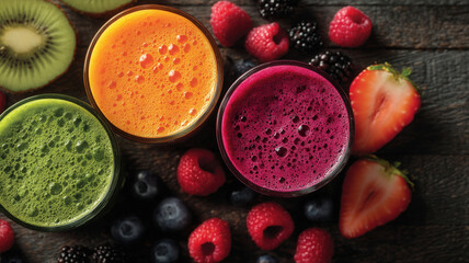 Wellness green smoothie orange juice purple berry smoothie surrounded by fresh fruit creating vibrant healthy drink scene