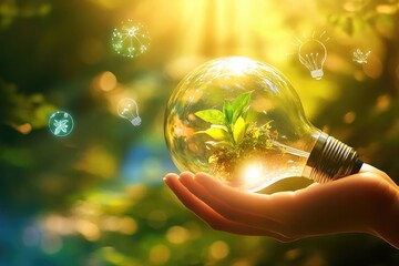 Human hand interacting with futuristic green eco technology data interface.