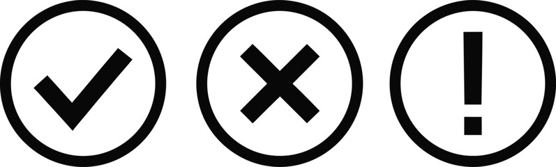 Fototapeta premium Check Mark, Cross Mark, and Exclamation Mark in Circles on White Background