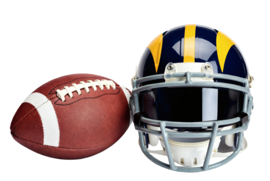 American football and protective helmet on white background