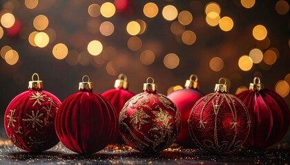 Festive Ornament Display: A captivating arrangement of red Christmas ornaments with gold embellishments gleams against a backdrop of soft bokeh lights, perfect for the holiday season.