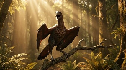 Archaeopteryx perching on a sunlit branch in a lush prehistoric forest, wings spread and poised for flight amid ferns and golden light filtering through the canopy - Powered by Adobe