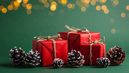 Festive Gift Gathering: A collection of elegantly wrapped red presents sits amidst a scattering of pinecones on a rich green backdrop, illuminated by soft bokeh lights, evokes warmth and anticipation.