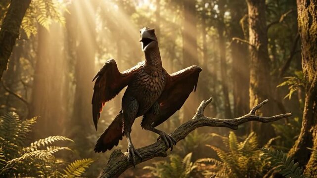 Archaeopteryx perching on a sunlit branch in a lush prehistoric forest, wings spread and poised for flight amid ferns and golden light filtering through the canopy