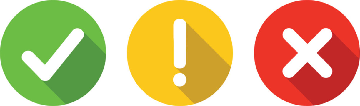 Check Mark, Exclamation, & Cross Icons Set | Green, Yellow, Red Circles & Shadows
