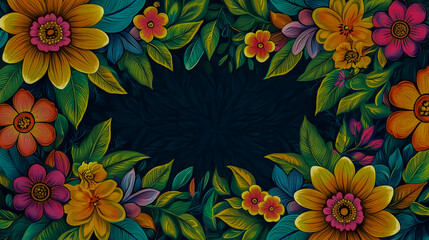 Vibrant floral border with dark center