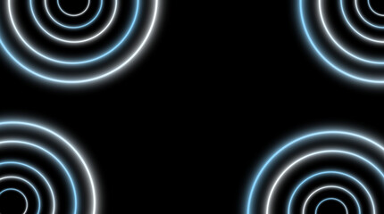 Four large glowing circular shapes in the corners on black background, white and blue gradient.