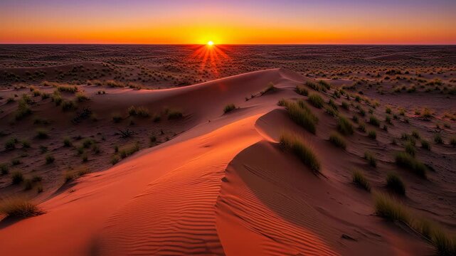 Dramatic desert sunset with golden sunburst over vast sand dunes and scattered sparse vegetation