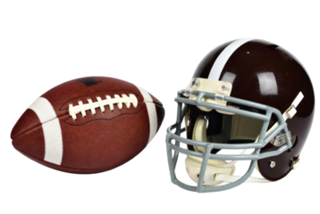 American football and protective helmet on white background