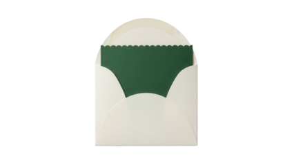 Open cream envelope with dark green scalloped card isolated PNG, stationery for invitations and greetings on transparent background