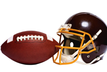 American football and protective helmet on white background