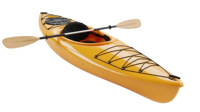 Yellow kayak with paddle isolated PNG, water sports equipment for recreation and adventure on transparent background - Powered by Adobe