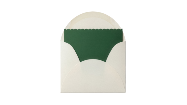 Open cream envelope with dark green scalloped card isolated PNG, stationery for invitations and greetings on transparent background