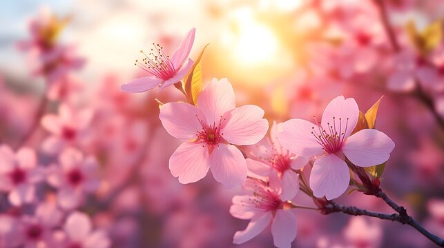 Blossoming cherry trees with pink flowers during spring at sunset in a peaceful garden setting