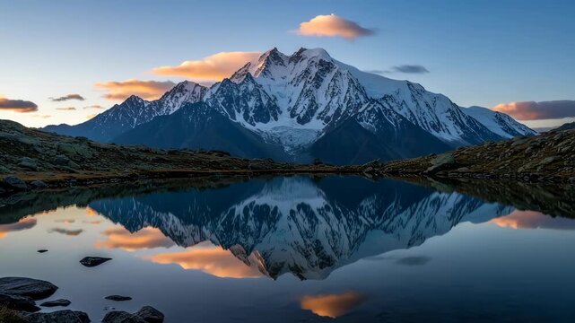 Golden hour light on a snow-capped mountain reflecting in a still alpine lake