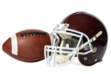 American football helmet and ball isolated on white background