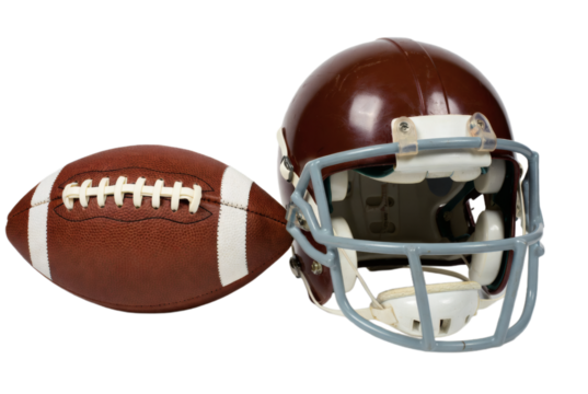 American football helmet and ball on white background
