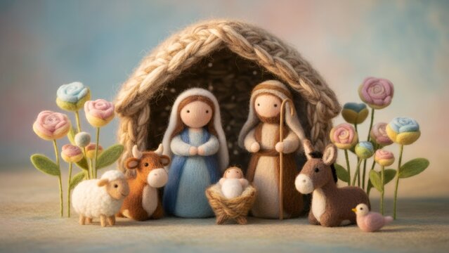Knitted nativity scene with Mary, Joseph, and baby Jesus in a manger surrounded by sheep, cow, donkey, and decorative flowers for Christmas holidays.