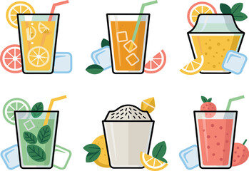 Vector illustration of a fresh set of drinks with cocktails juice fruit glasses ice and straws isolated on white background