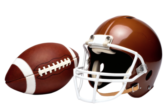 American football helmet and ball on white background
