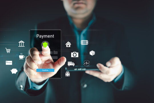 Secure online payment concept showing a businessman authenticating a digital credit card transaction, highlighting fintech innovation, financial security, encryption, and global ecommerce trends