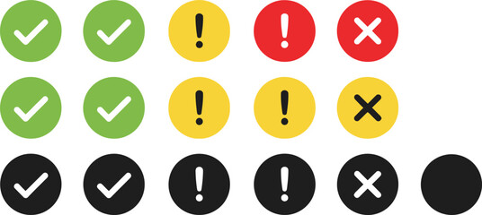 Circle Check Mark, Cross and Exclamation Signs Icon Set in Various Colors