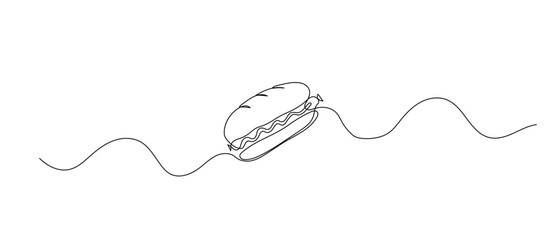 Obraz premium Hot dog one line illustration. Hand drawn doodle vector fast food sketch isolated on white background.