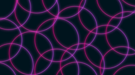 Dense overlapping neon glowing circles with purple and magenta gradient light on dark background, full-frame modern futuristic abstract geometric pattern.