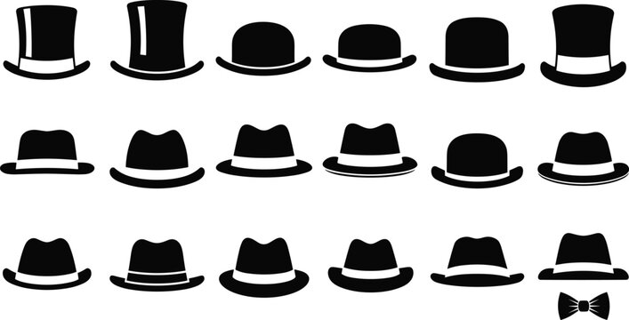Hat silhouette collection, top hats and fedoras, black vector icons, fashion accessories, vintage style, bow tie element, isolated on white