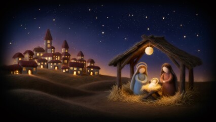 Obraz premium Holy family in a knitted nativity scene under a starry night sky with a rustic village in the background, a Christmas festive concept.