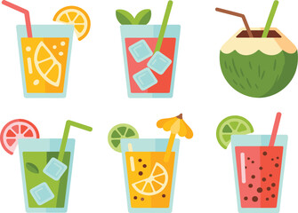 Vector illustration of a fresh set of drinks with cocktails juice fruit glasses ice and straws isolated on white background