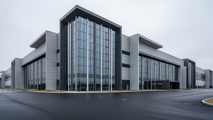 The modern facade of a large commercial office building, featuring a prominent glass entrance and gray paneling under an overcast sky